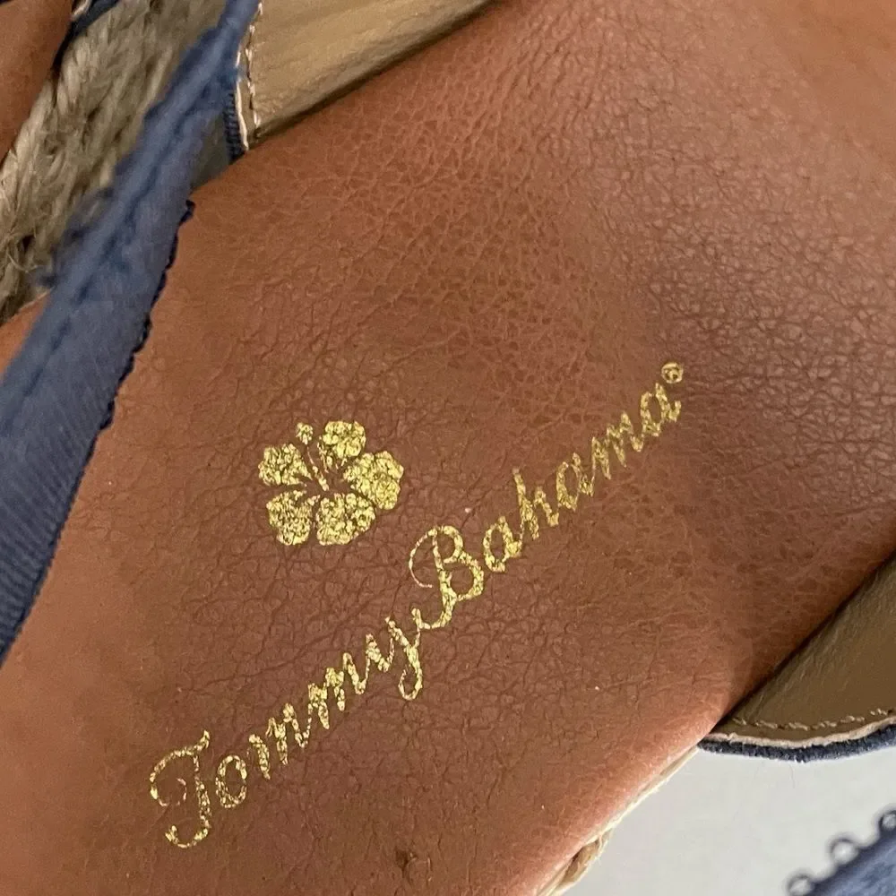 TOMMY BAHAMA Elastic Wedge Espadrilles Sandals Blue Tan 9